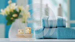 Stack of blue towels on top of a counter in a bathroom with blue walls and white towels next to a vase filled with