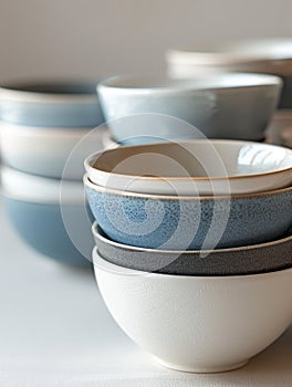A stack of blue and white ceramic bowls on a white surface.
