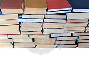 Stack of book, isolated on white background, education concept, back to school, many books piles with copy space for text