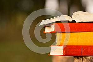 Stack of book and Open hardback book on blurred nature landscape backdrop. Copy space, back to school. Education background.