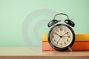 Stack of books and alarm clock on wooden table