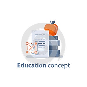 Stack of books and apple on top, education concept, learning course, accomplishment, vector illustration