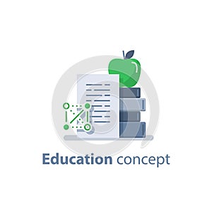Stack of books and apple on top, education concept, learning course, accomplishment, vector illustration