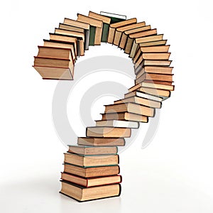Stack of books arranged in a question mark shape on a white background knowledge learning