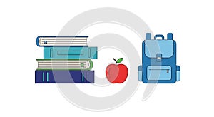 Stack of books backpack and apple isolated on white background