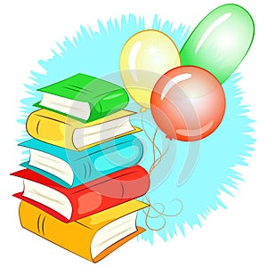 Stack of books and balloons.