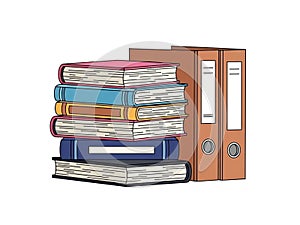 Stack of books and binders isolated on white background