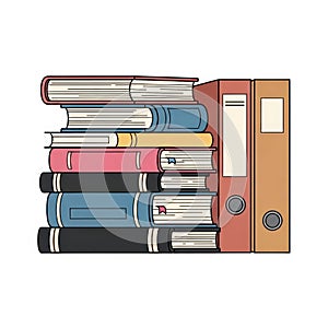 Stack of books and binders isolated on white background