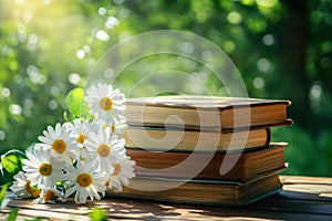 Stack of books with blooming spring flowers in sunlight