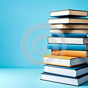 Stack of books on blue background. Education concept. AI generated