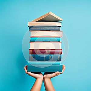 Stack of books on blue background. Education concept. AI generated