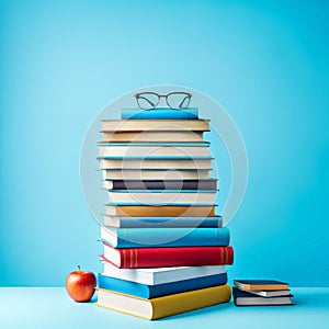 Stack of books on blue background. Education concept. AI generated