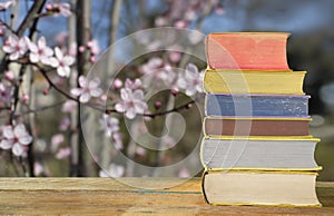 Stack of books with blurred cherry blossoms in the background holidays, springtime and relaxing concept.