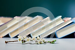 Stack of books with branch flowers, World book day