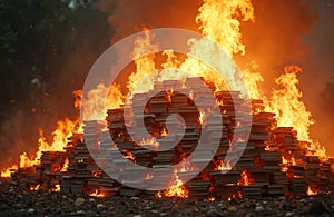Stack of books burns in bright flame. Social problems concept censoring, ban of freedom speech. Symbol of propaganda, power, photo