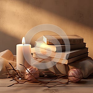 a stack of books and a candle on a table