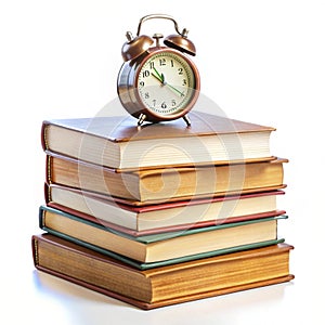 Stack of books with clock isolated