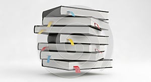 Stack of Books with Colorful Bookmarks on a White Background