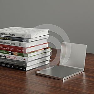 Stack of books with colorful spines on a wooden surface. To their right, a sleek, photo