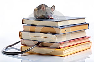 Stack of books with mouse for e-learning concept