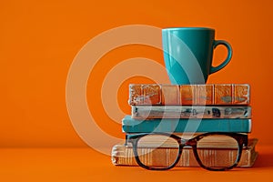 A Stack of Books, Cup of Coffee, and Reading Glasses