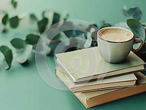 A stack of books and a cup of coffee on a table