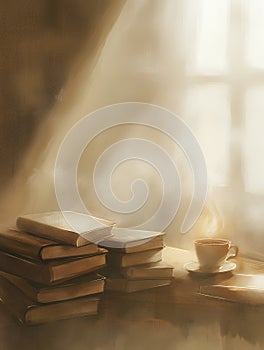 A stack of books and a cup of coffee on a table near a window with light streaming through the curtains
