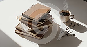 Stack of books and a cup of coffee on a table