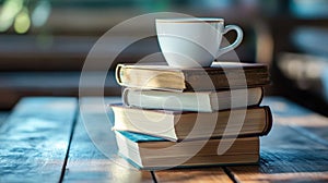 a stack of books with a cup of coffee on top