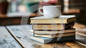 a stack of books with a cup of coffee on top
