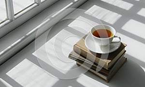 Stack of books with a cup of tea on a light gray table, soft shadows from window