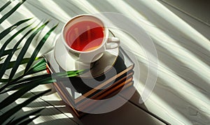 Stack of books with a cup of tea on a light gray table, soft shadows from window
