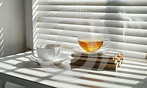 Stack of books with a cup of tea on a white table, window casting shadows