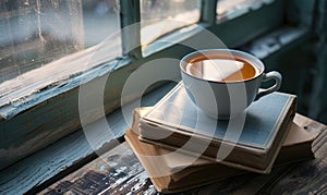 Stack of books with a cup of tea on a white table, window casting shadows