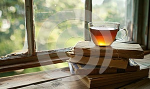 Stack of books with a cup of tea on a white table, window casting shadows