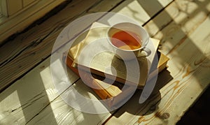 Stack of books with a cup of tea on a white table, window casting shadows