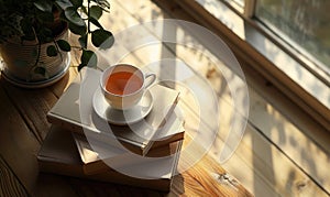 Stack of books with a cup of tea on a white table, window casting shadows
