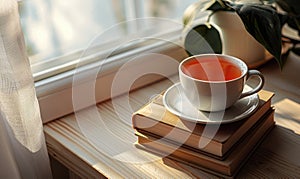 Stack of books with a cup of tea on a white table, window casting shadows