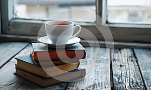 Stack of books with a cup of tea on a white table, window casting shadows