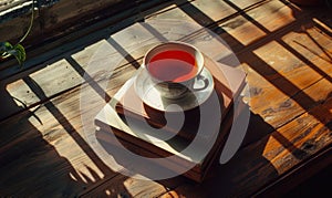 Stack of books with a cup of tea on a white table, window casting shadows