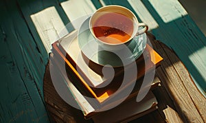 Stack of books with a cup of tea on a white table, window casting shadows