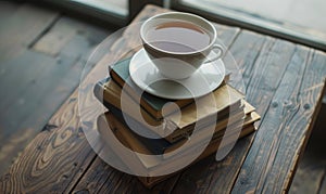 Stack of books with a cup of tea on a white table, window casting shadows