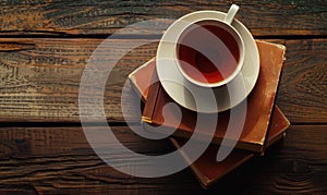 Stack of books with a cup of tea on a white table, window casting shadows