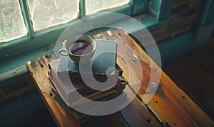 Stack of books with a cup of tea on a white table, window casting shadows