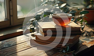 Stack of books with a cup of tea on a white table, window casting shadows