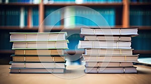 Stack of books on a desk in front of library, AI