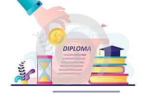 Stack of books, diploma and university cap. Concept invest in education. Banner of money savings for study