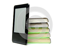 Stack of books and e-book isolated