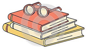 Stack of books with eyeglasses, symbolizing knowledge, learning, and intellectual pursuits, vector design Generative AI