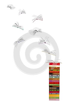 Stack of books and flying books